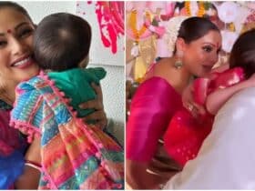 Bipasha Basu stuns in saree as she visits Durga Puja pandal with baby