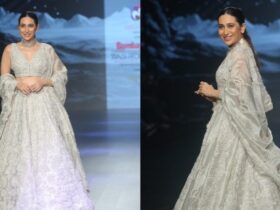 Karisma Kapoor Looks Stunning Ivory Lehenga on Bombay Times Fashion Week 2023