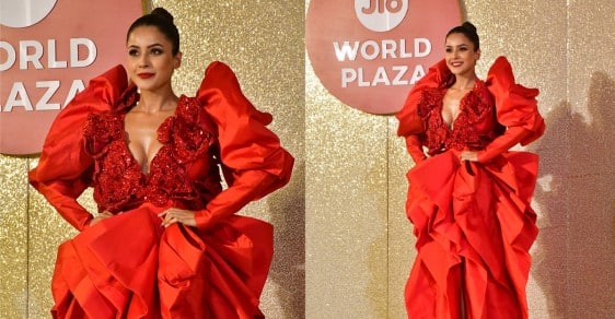 Shehnaaz Gill Radiates in Plunging Red-Hot Gown at Jio World Plaza Launch